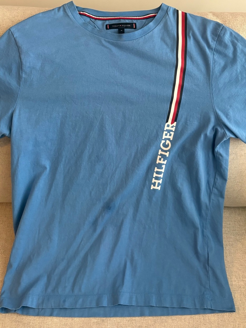 Tommy Hilfiger Light Blue Crewneck Tee with Red-White-Black Stripe